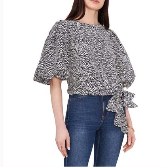 Vince Camuto Tops - Vince Camuto 3/4 Sleeve Bubble Tie Front Printed Blouse